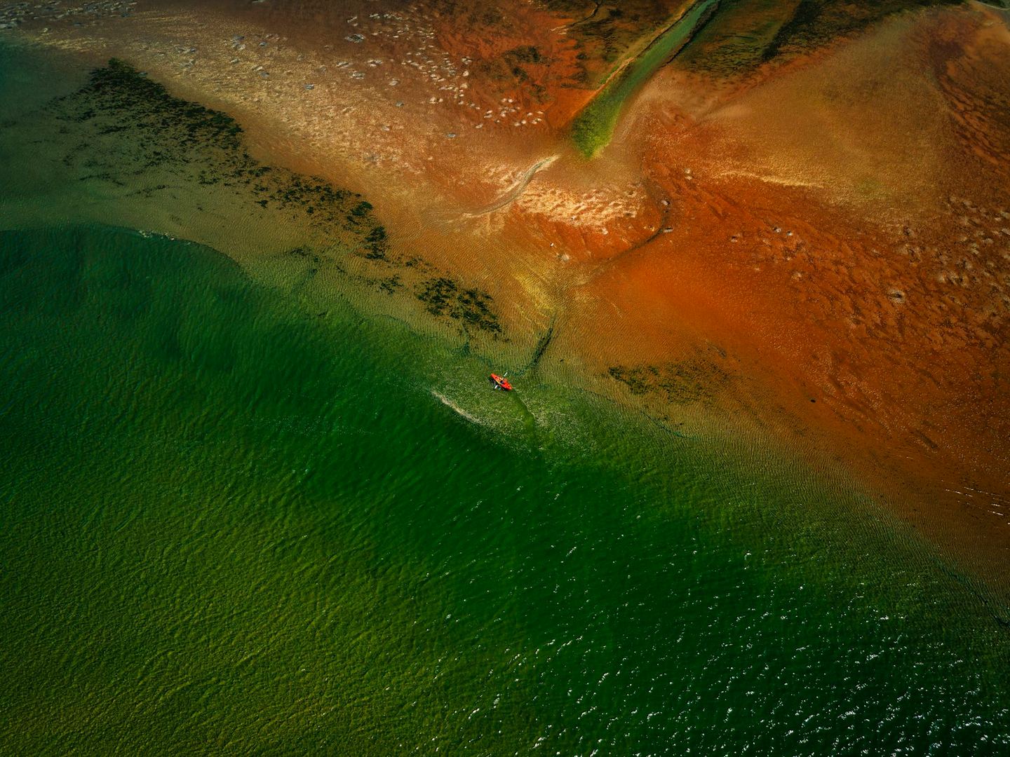 An aerial view of a body of water.