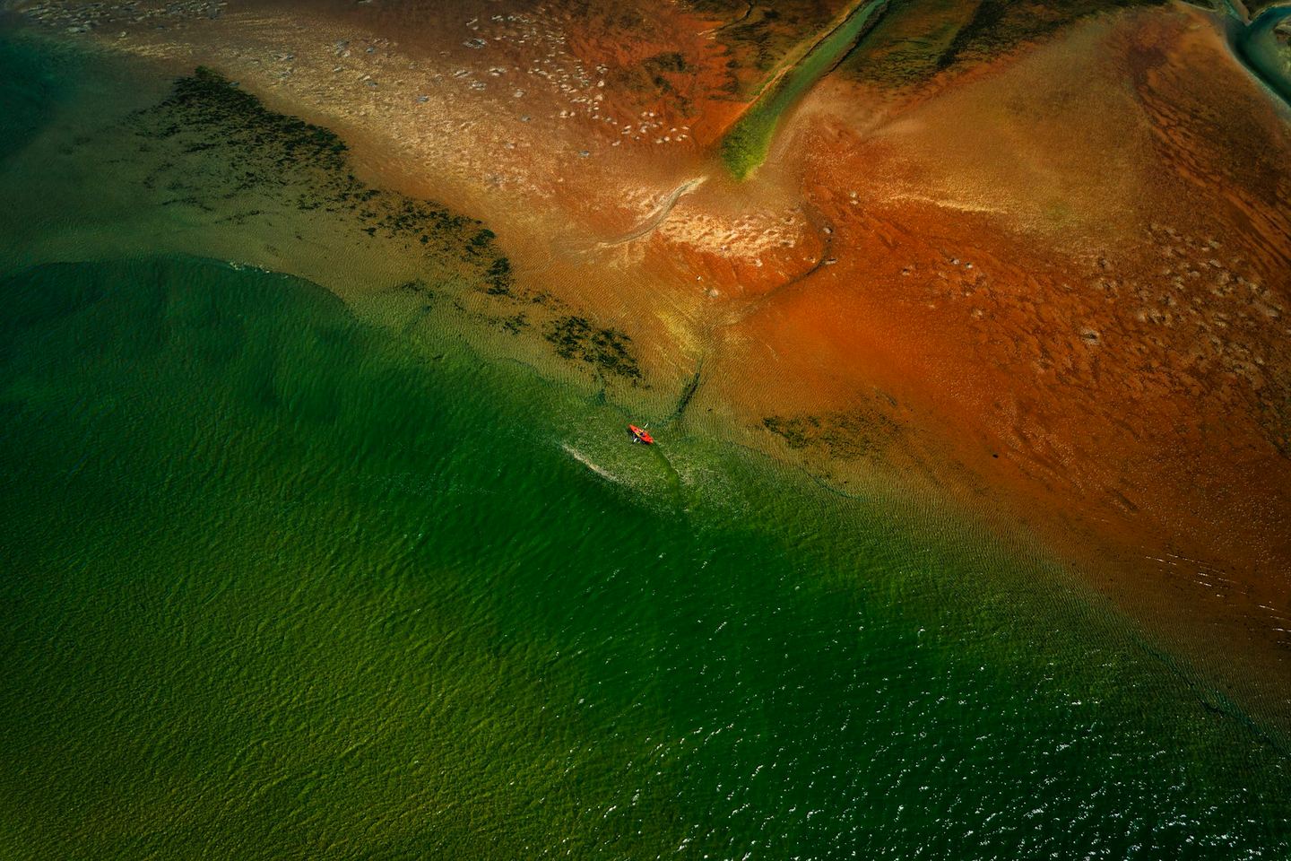 An aerial view of a body of water.