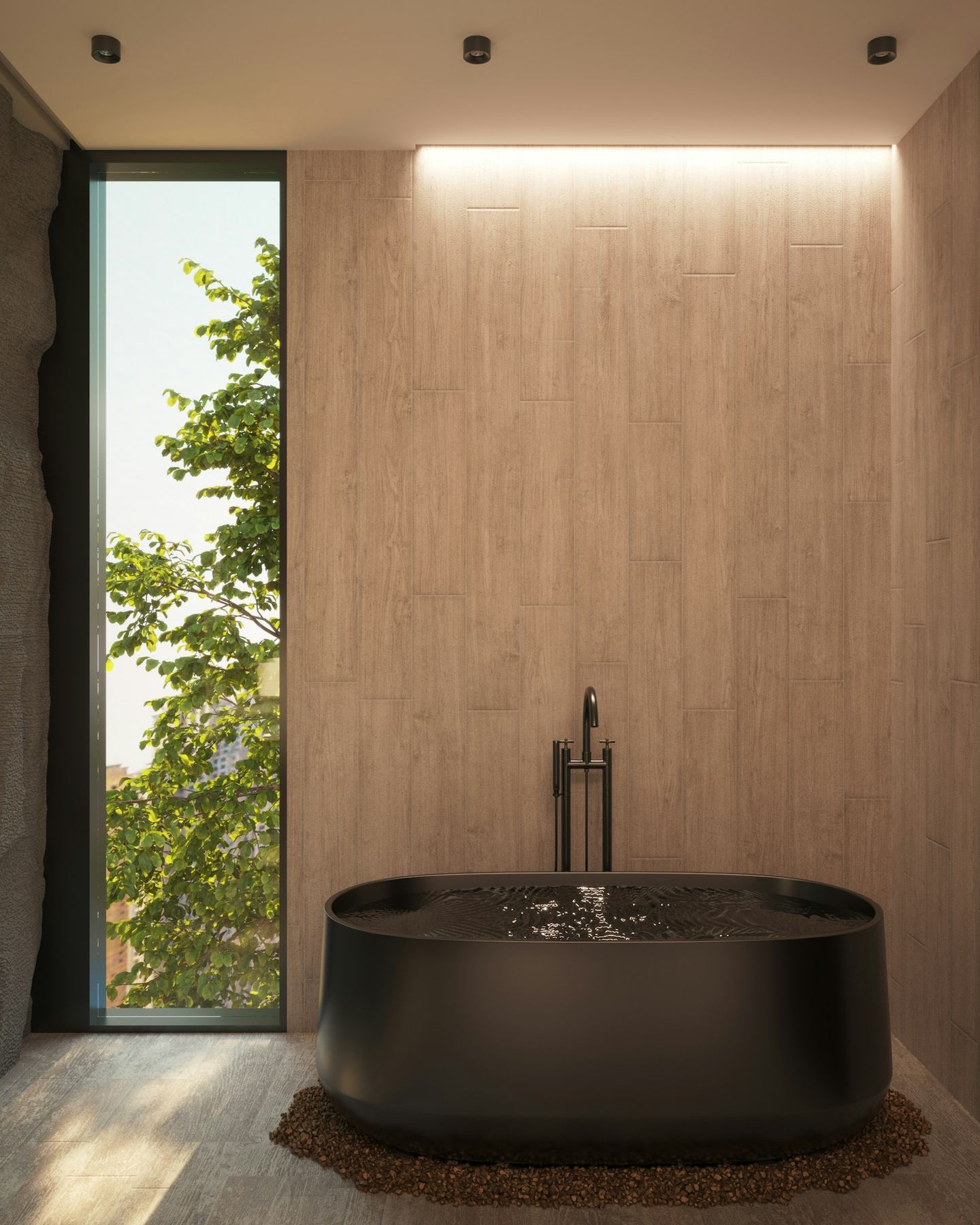 A dark bath beside a window in a quiet bathroom.