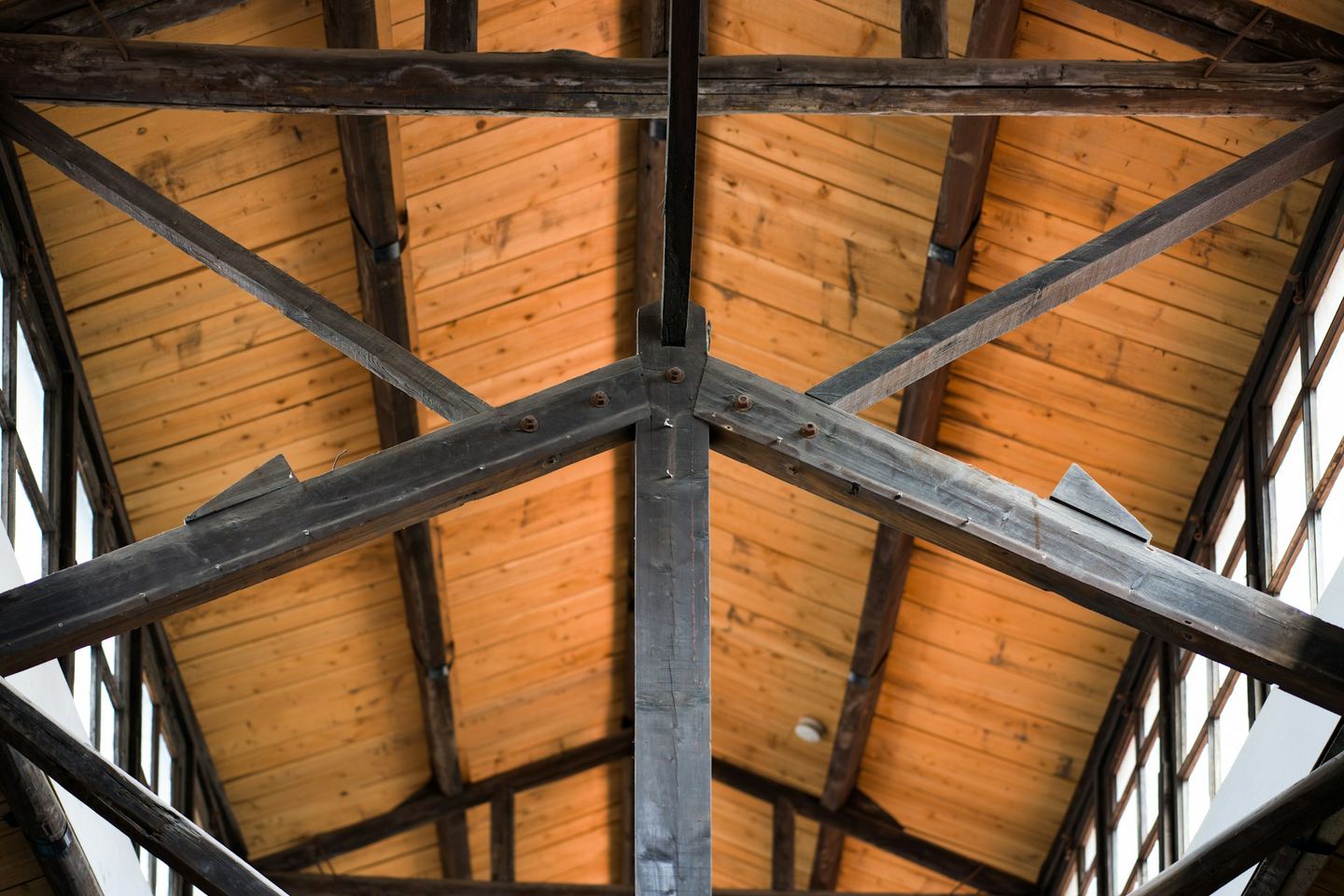 A roof of dark timber beams over warm boarded ceiling, windows either side.