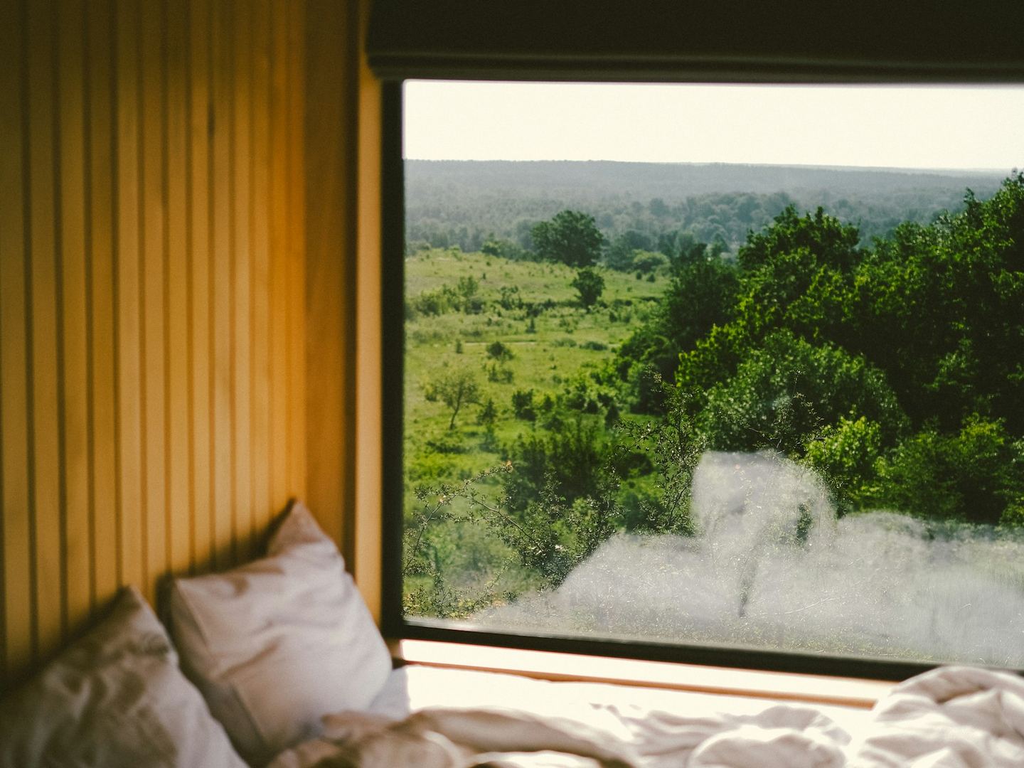 Pillows on a bed under a wide window onto green fields and trees.