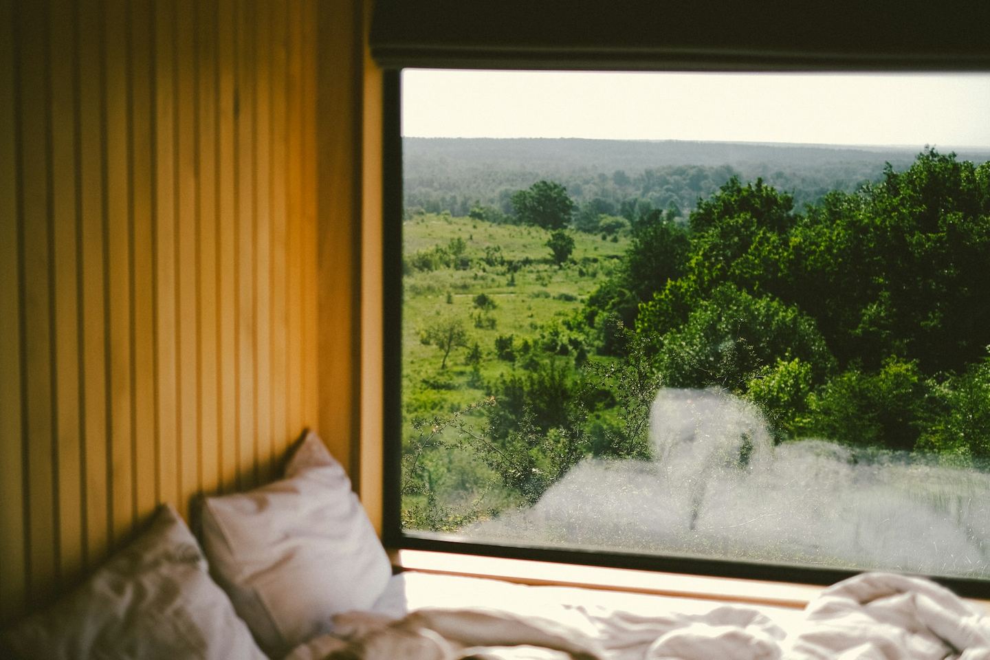 Pillows on a bed under a wide window onto green fields and trees.