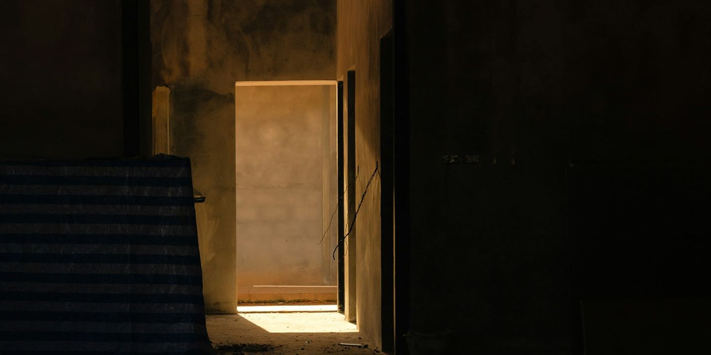 A doorway casting a long beam of warm light across concrete.