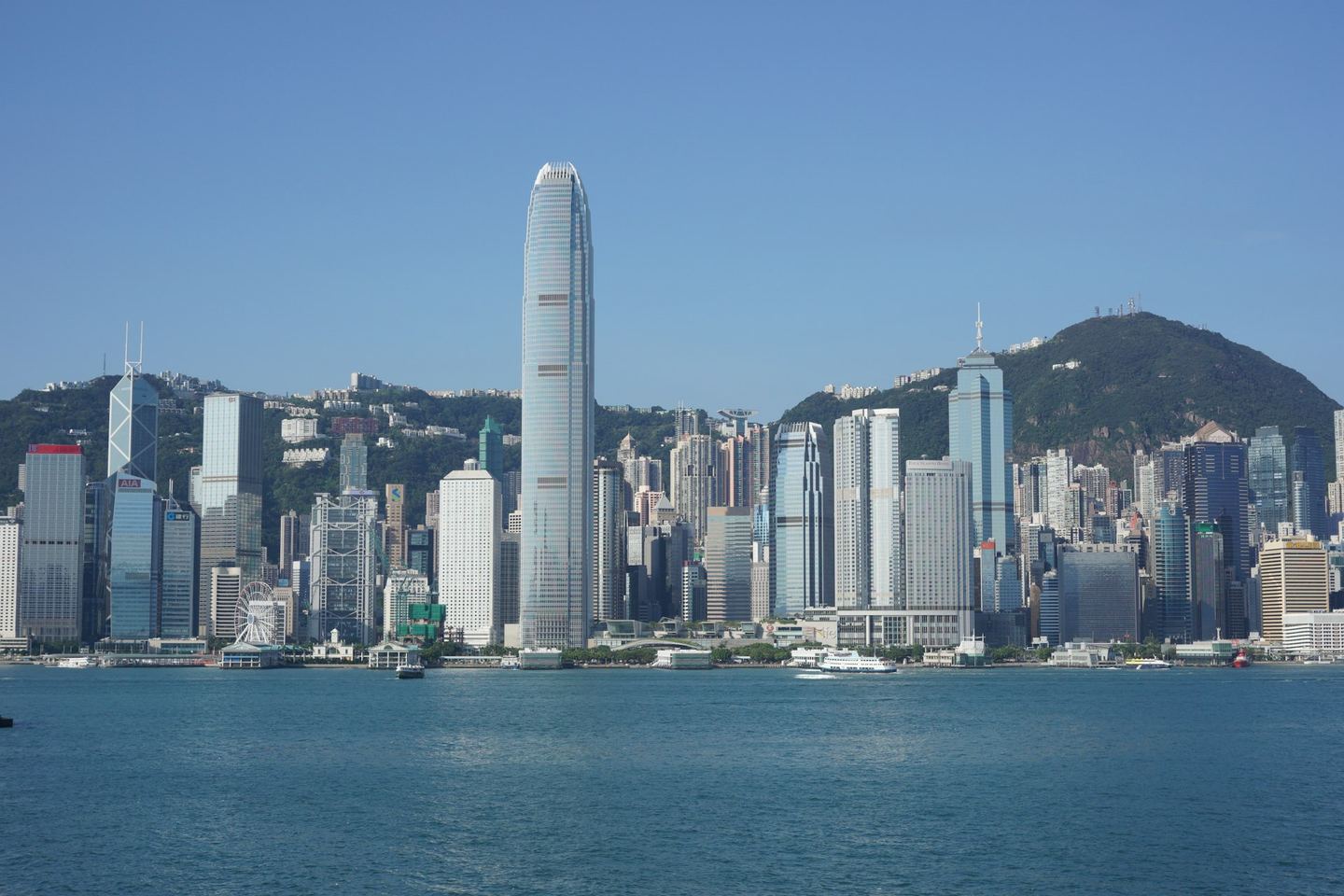 The towers of Central, Hong Kong, on the harbour with the Peak behind them under a clear sky.