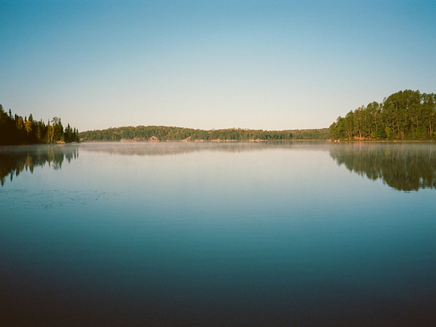 A still lake at first light, trees mirrored in it under a clear sky.