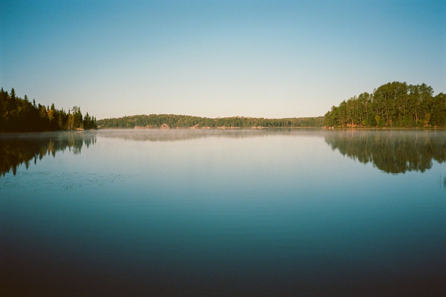A still lake at first light, trees mirrored in it under a clear sky.