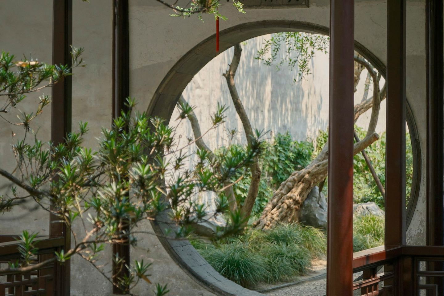 A circular moon gate in a grey garden wall framing pines, rock and shrubs beyond.