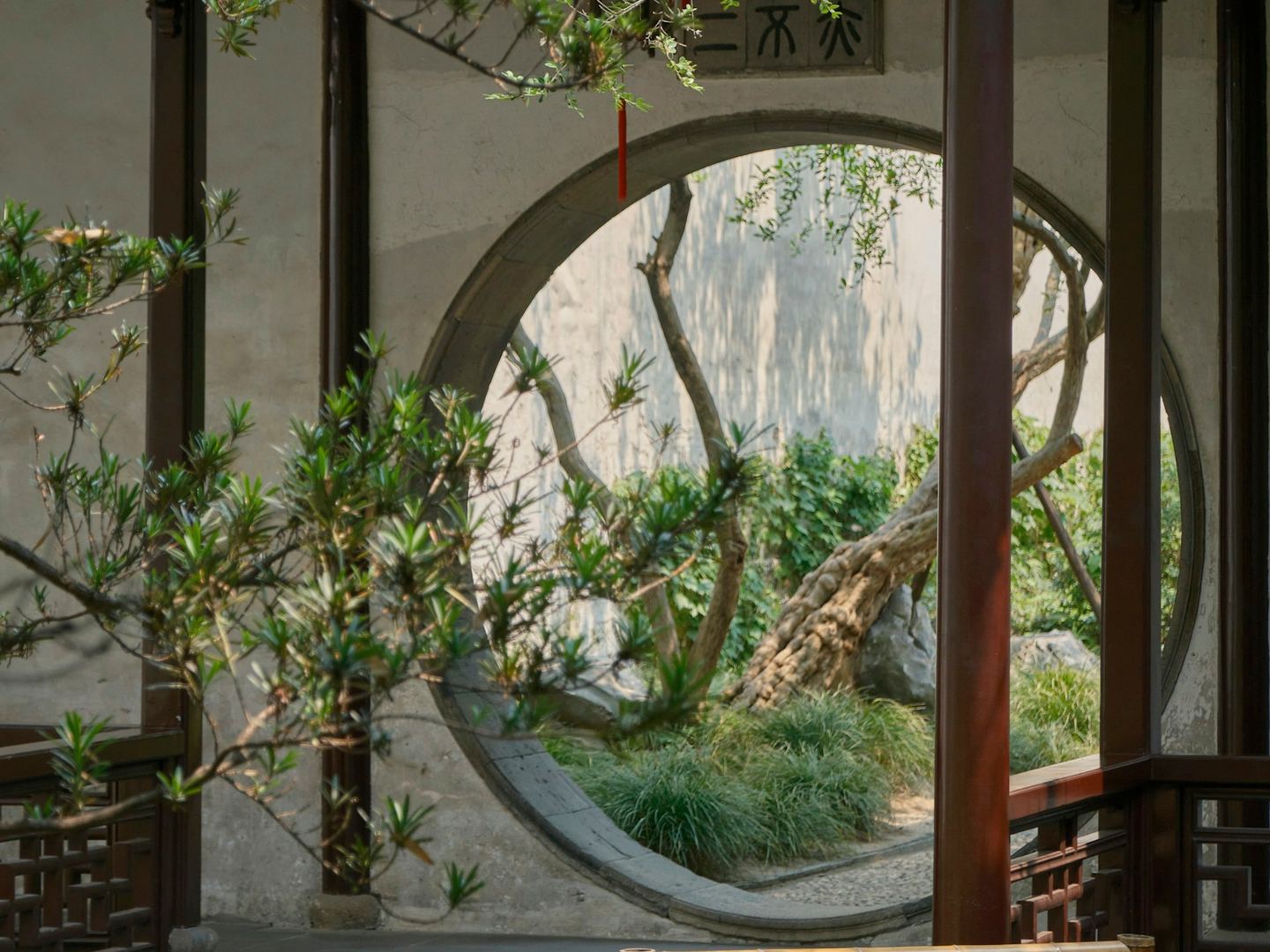 A circular moon gate in a grey garden wall framing pines, rock and shrubs beyond.